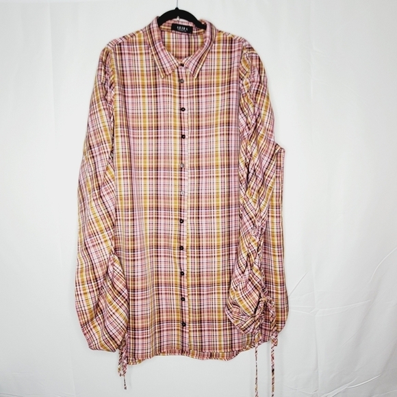 Akira Plaid Shirt Dress Size 1X Cotton Ruched Long Sleeve Button Front Shacket - Picture 1 of 13